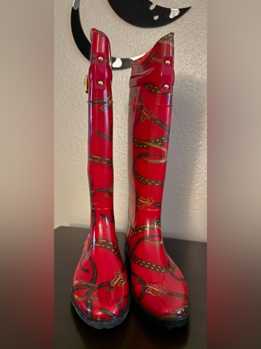 Lauren Ralph Lauren Rossalyn II Red Chain Print Rain Boots | Equestrian Style - Picture 4 of 8